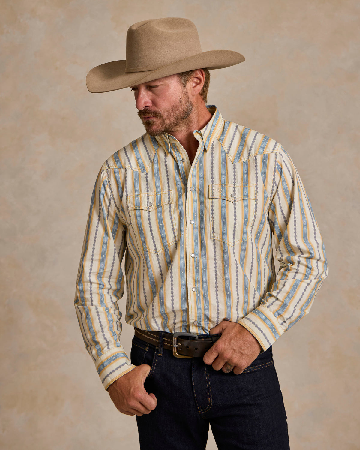 Cotton snap shirt in blue-and-white vertical stripes, front view with snap collar