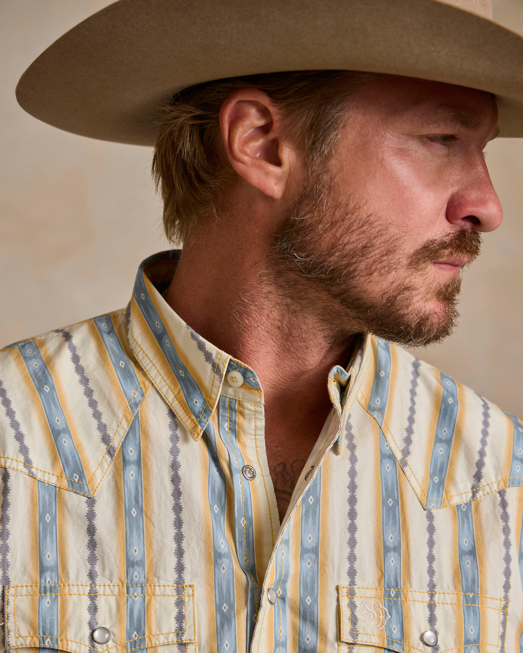 Cotton snap shirt collar and neckline in blue-and-white stripes, snap placket