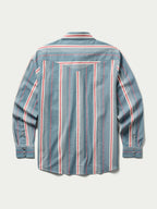 Western snap shirt back view in light blue with red and white vertical stripes