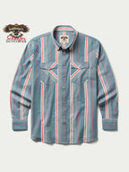 Western stretch snap shirt, light blue with red and white vertical stripes, front view