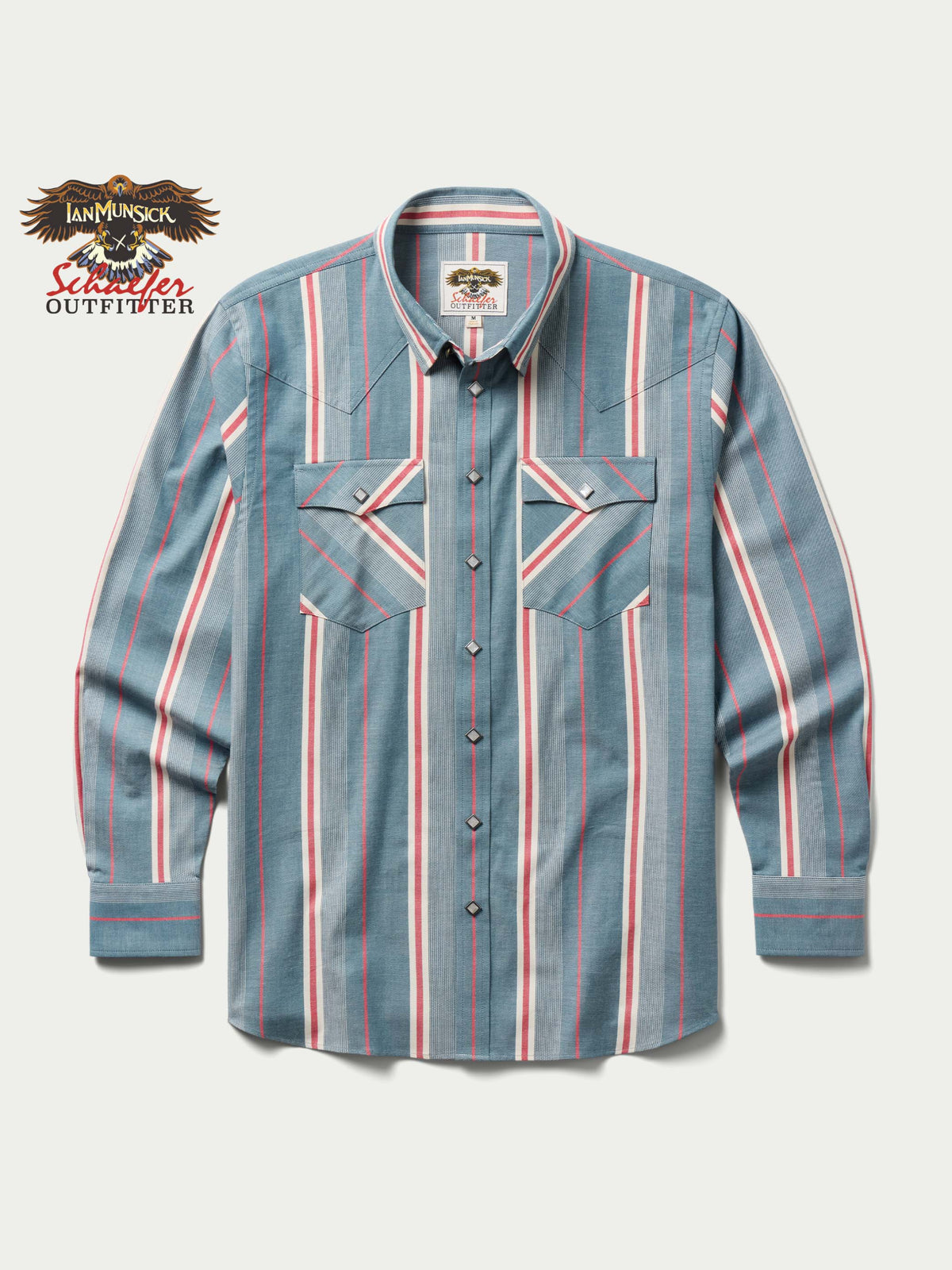 Western stretch snap shirt, light blue with red and white vertical stripes, front view