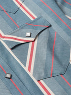 Western snap shirt yoke close-up with snap closure and red/white stripe pattern