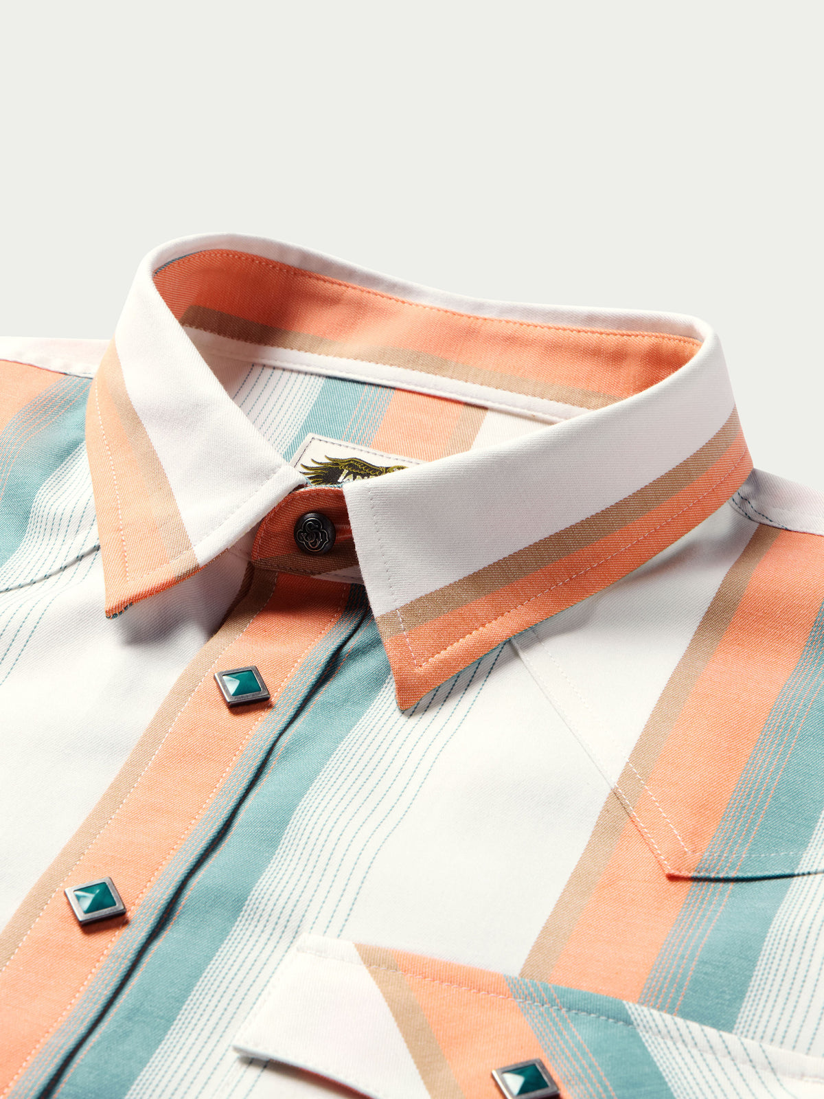 Western stretch snap shirt collar and placket, white with orange and teal stripes