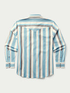 Light blue striped western snap shirt with long sleeves and pointed yoke back
