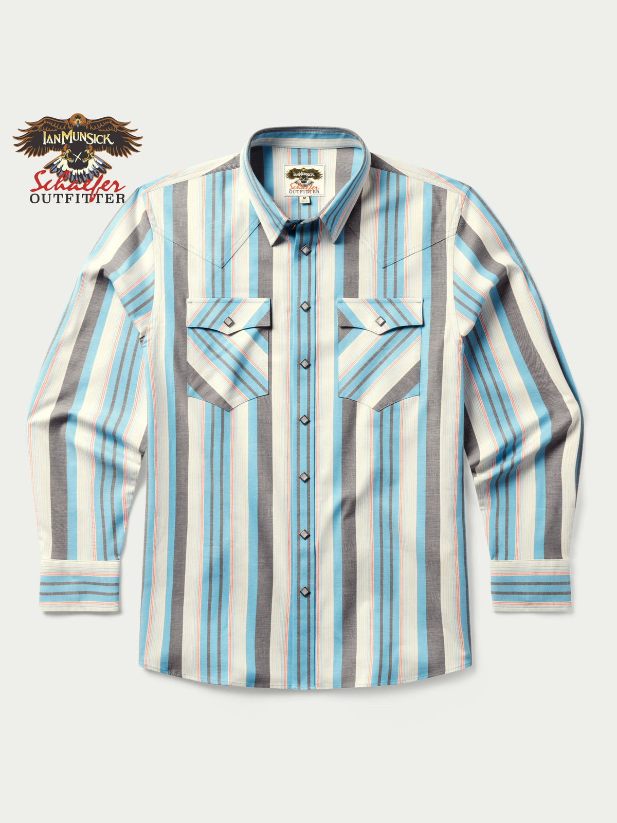 Light blue striped western snap shirt front view with snap pockets and button placket