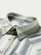Collar and front of striped Western stretch snap shirt with snap buttons