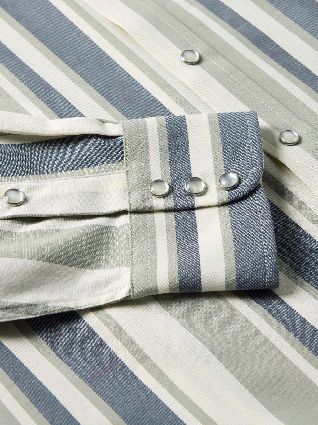Close-up of cuffs and snap front on striped Western stretch snap shirt