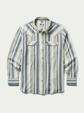 Front view of Western stretch snap shirt with buttoned pockets and vertical stripes