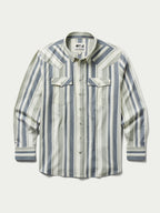 Front view of Western stretch snap shirt with buttoned pockets and vertical stripes