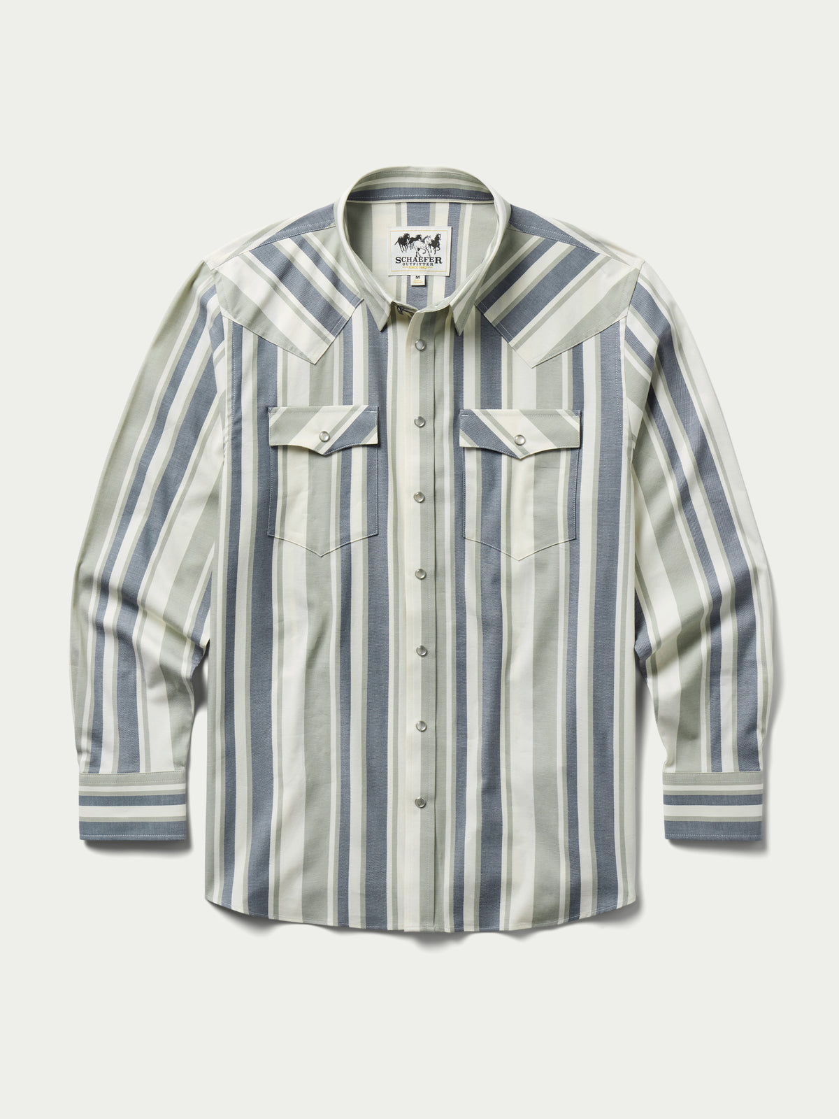 Front view of Western stretch snap shirt with buttoned pockets and vertical stripes