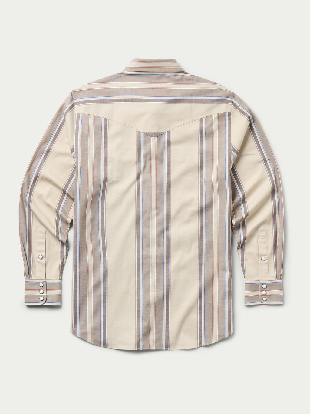 Western snap shirt in tan with blue and red vertical stripes, back view