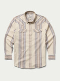 Western snap shirt in tan with blue and red vertical stripes, front view