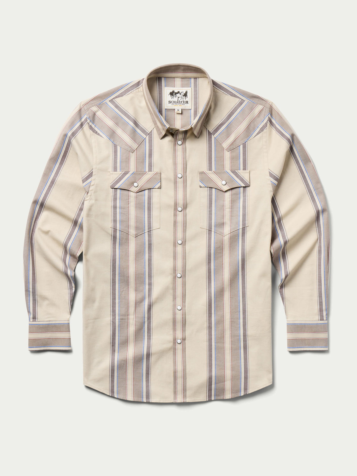 Western snap shirt in tan with blue and red vertical stripes, front view