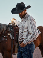 Beige striped western snap shirt with flap chest pockets and long sleeves