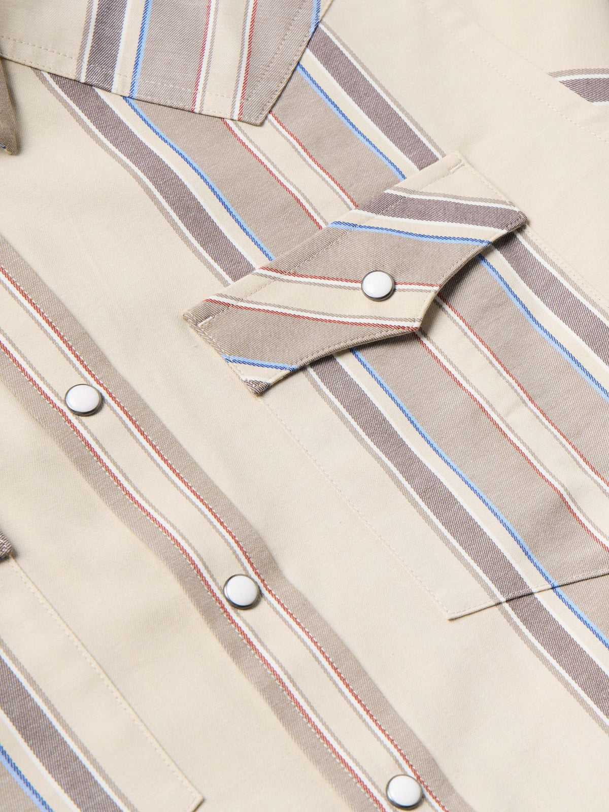 Western snap shirt in tan with blue and red stripes, placket and snaps detail
