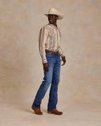 Beige western snap shirt with vertical striped design and snap-button front