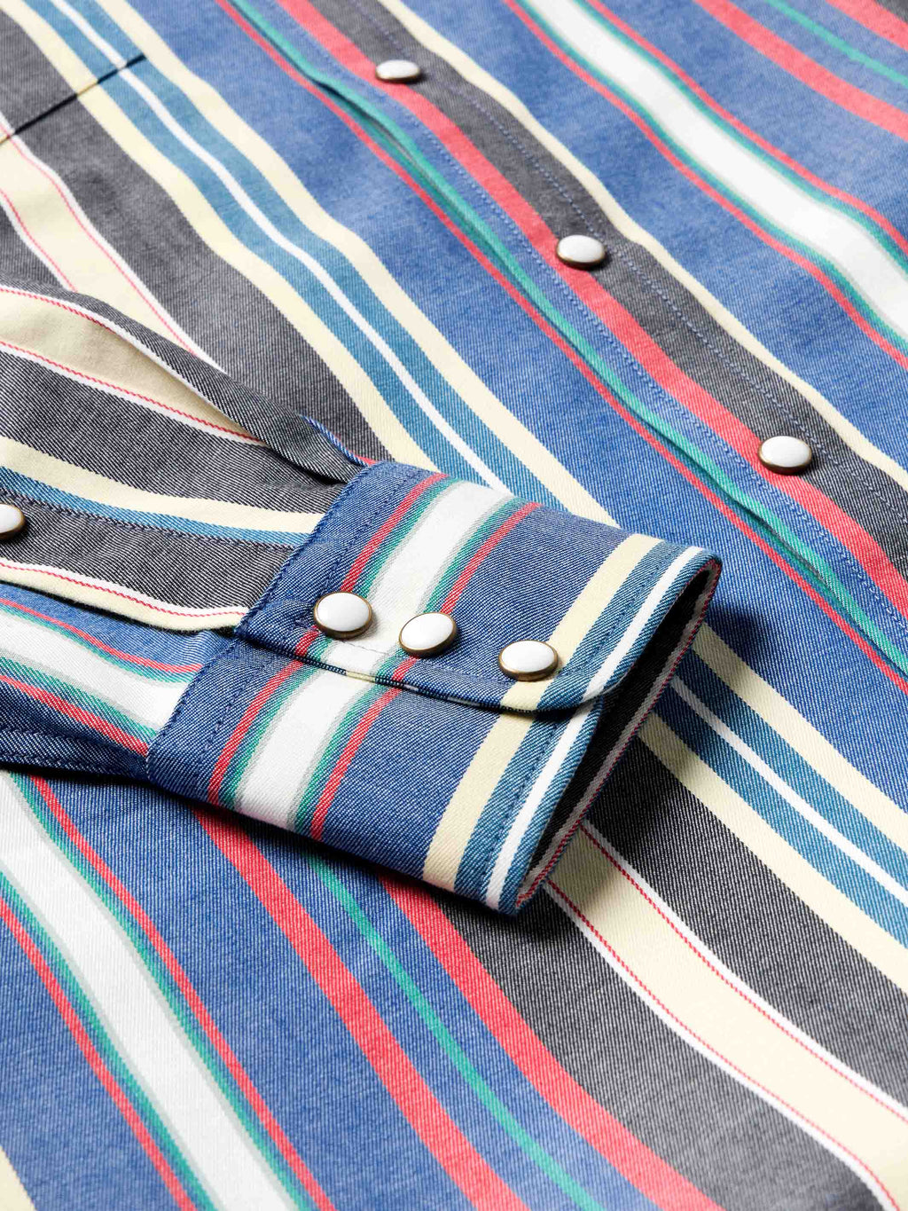 Western snap shirt detail: striped fabric with snap cuffs and rolled sleeve cuff buttons