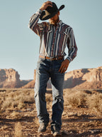 Western stretch snap shirt, multicolor vertical stripes and snap chest placket