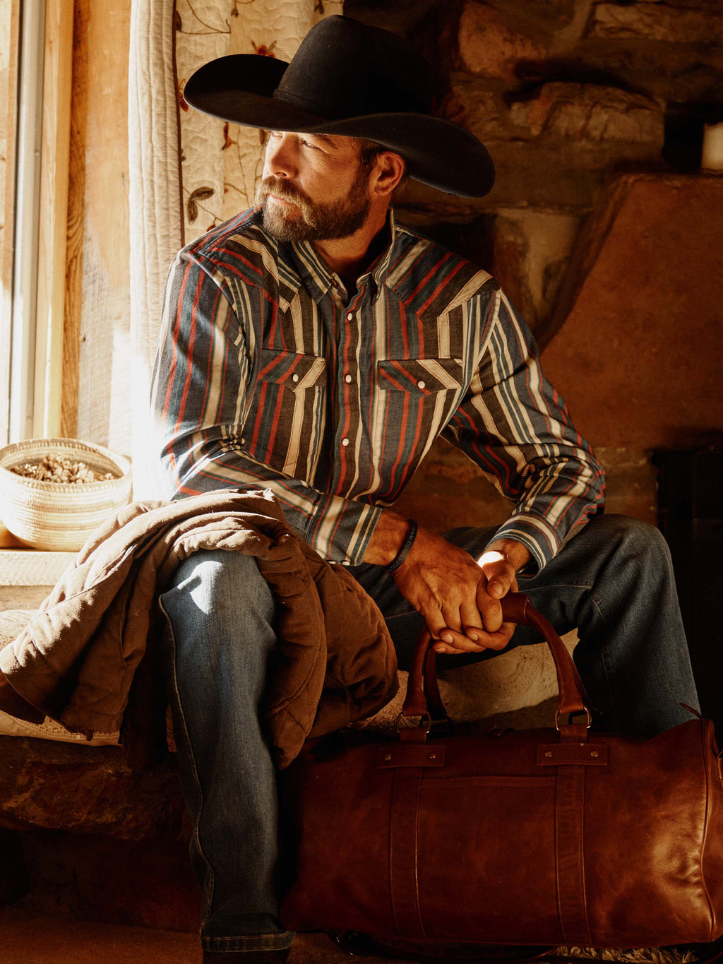 Western stretch snap shirt, multicolor striped back and snap front while seated