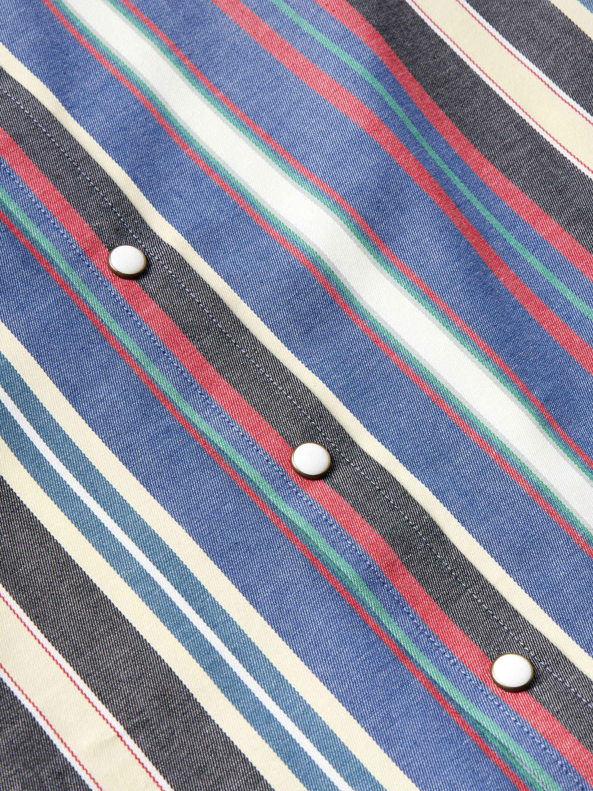 Western snap shirt sleeve detail: dark base with multicolor vertical stripe and snap buttons