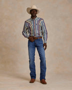 Western snap shirt worn with blue jeans: multicolor vertical stripe print, long sleeves