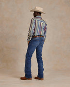 Western stretch snap shirt, multicolor vertical stripe back view with snap placket