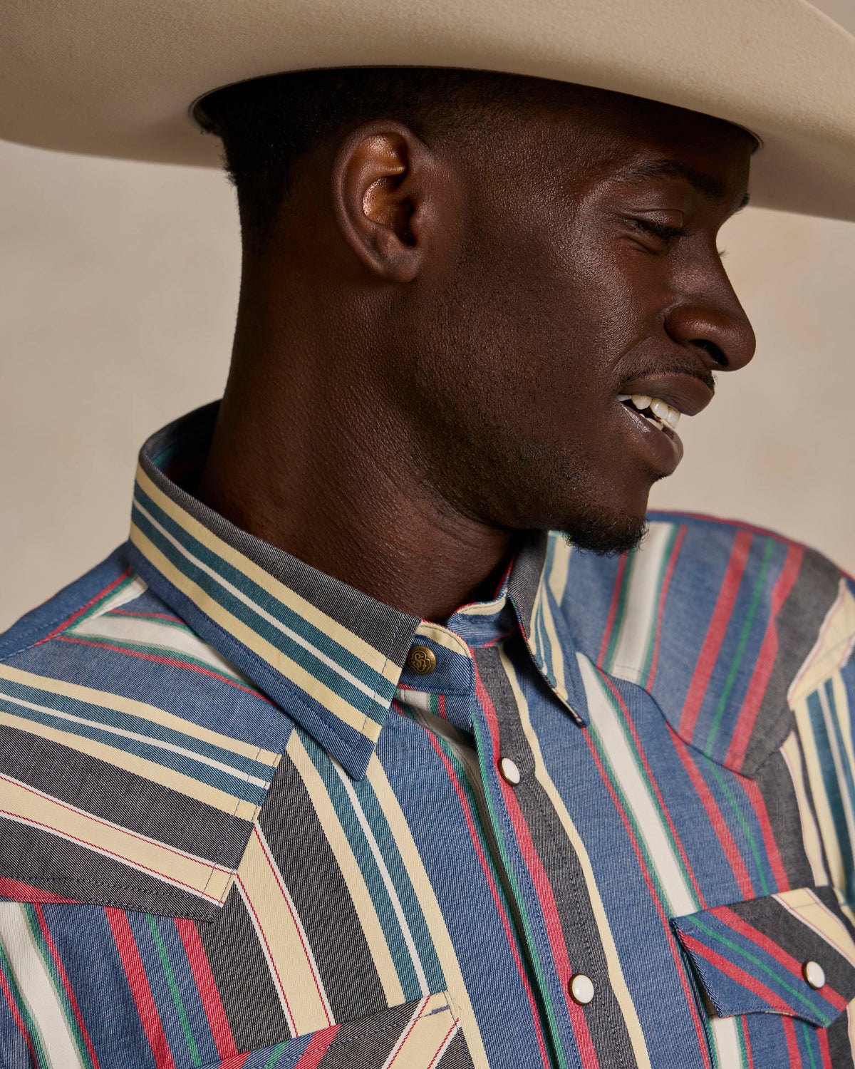 Western stretch snap shirt collar close-up, multicolor vertical stripes