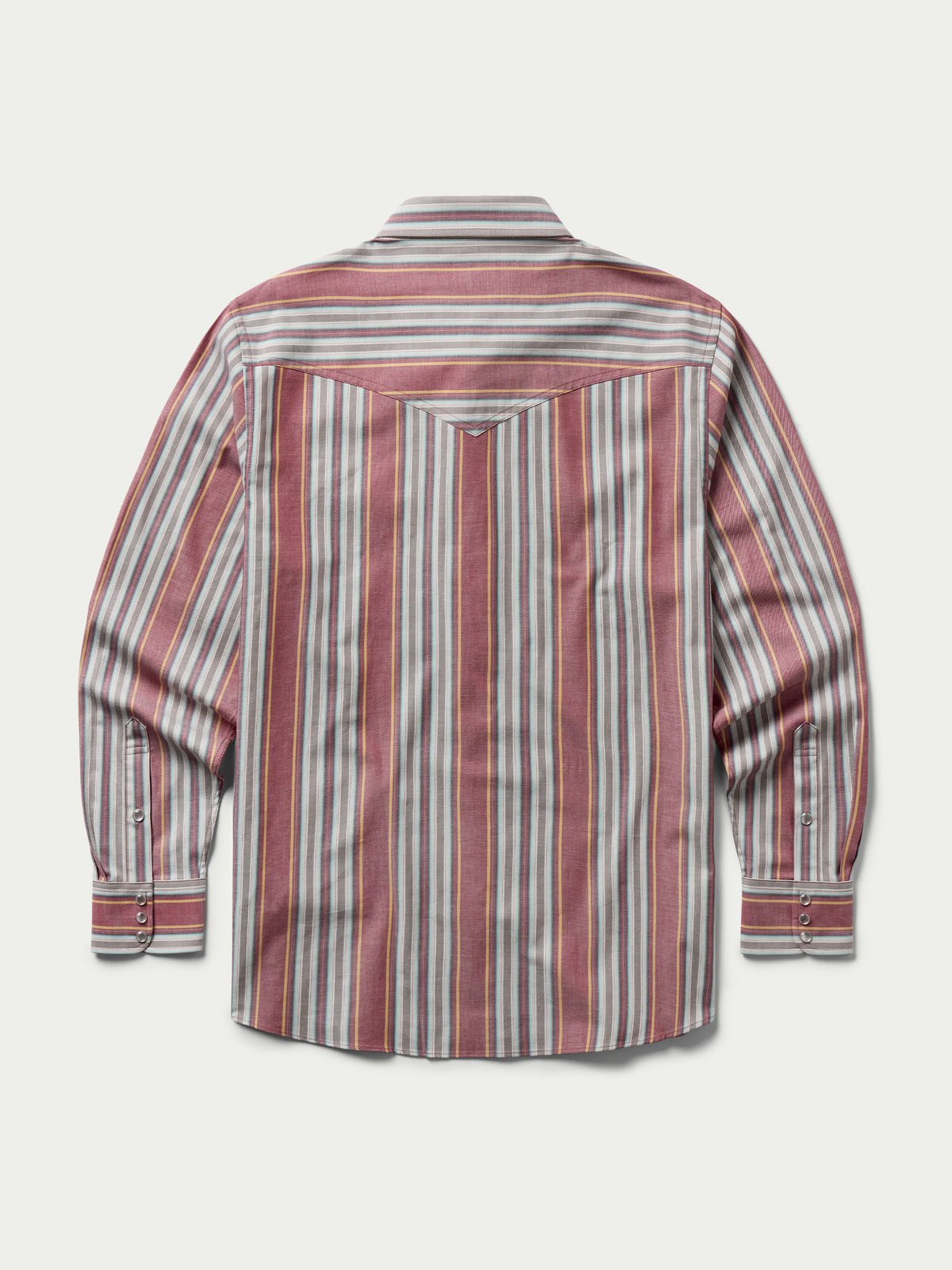 Western striped snap shirt with long sleeves and back yoke panel