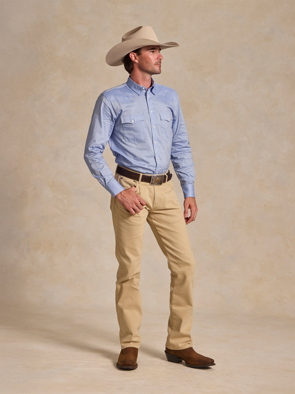 Light blue button-down shirt with chest pocket, front view