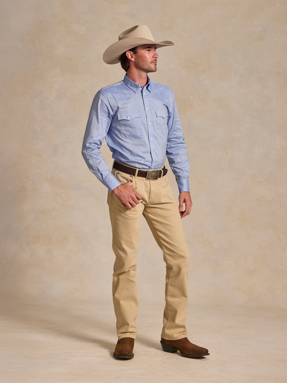Light blue button-down shirt with chest pocket, front view