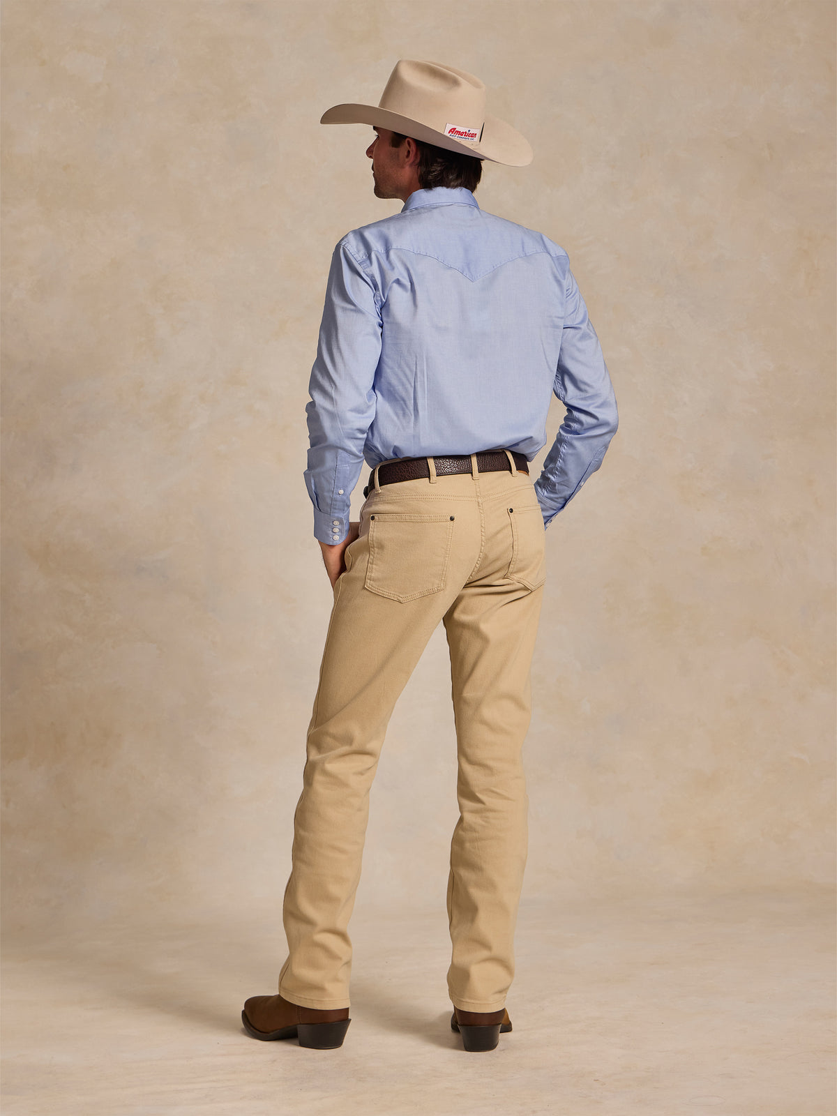 Light blue button-down shirt with long sleeves, back view