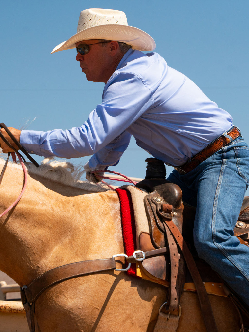 Light blue western button-down shirt on rider with buttoned cuffs