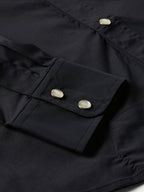 Black western snap shirt close-up of elbow-side tab with metal snap buttons