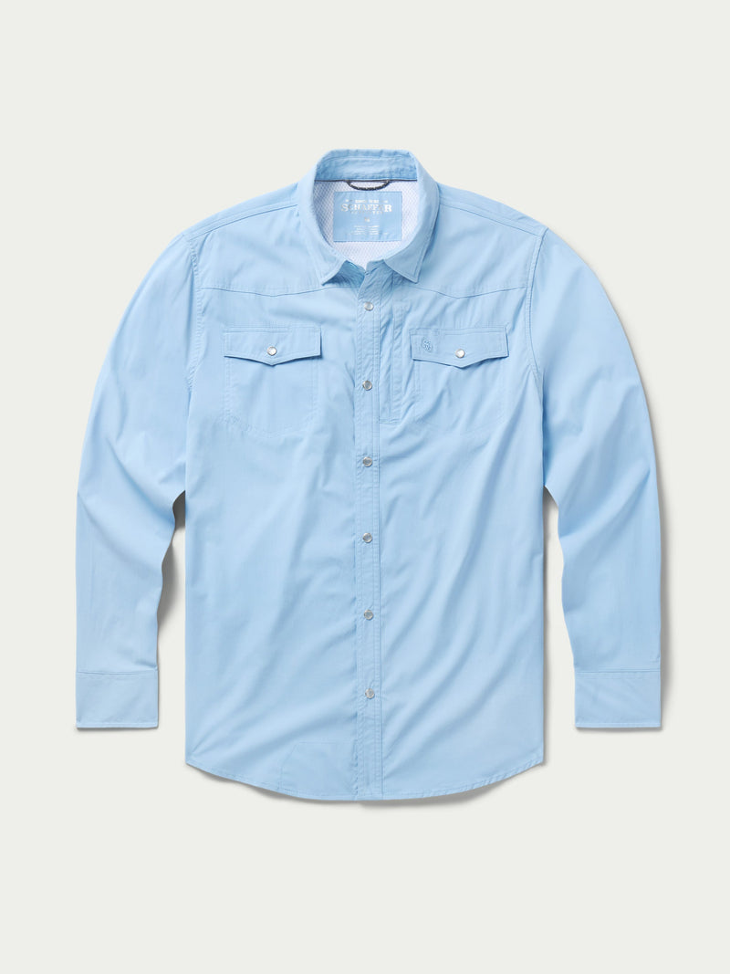 Sky blue long-sleeve western snap shirt with two chest pockets and snap button front