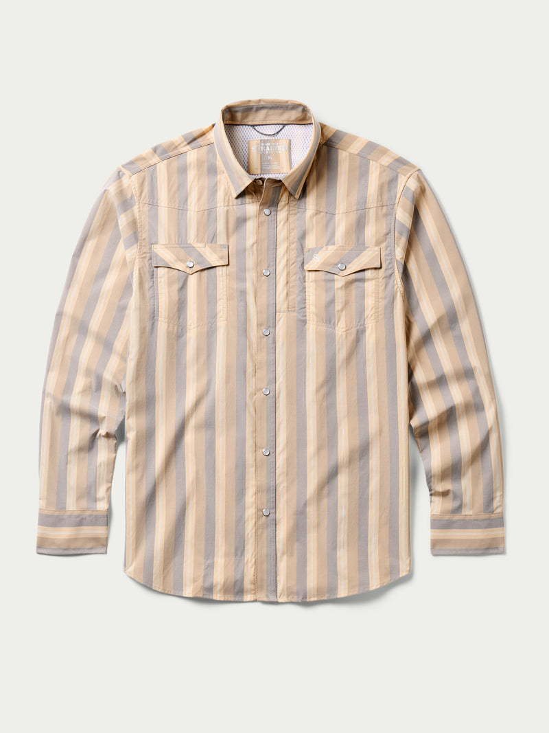 Front view striped snap western shirt with two chest flap pockets and metal buttons
