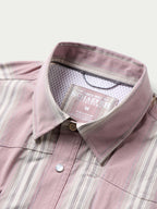 Pink striped button-up shirt close-up of collar and inner neck label, size M