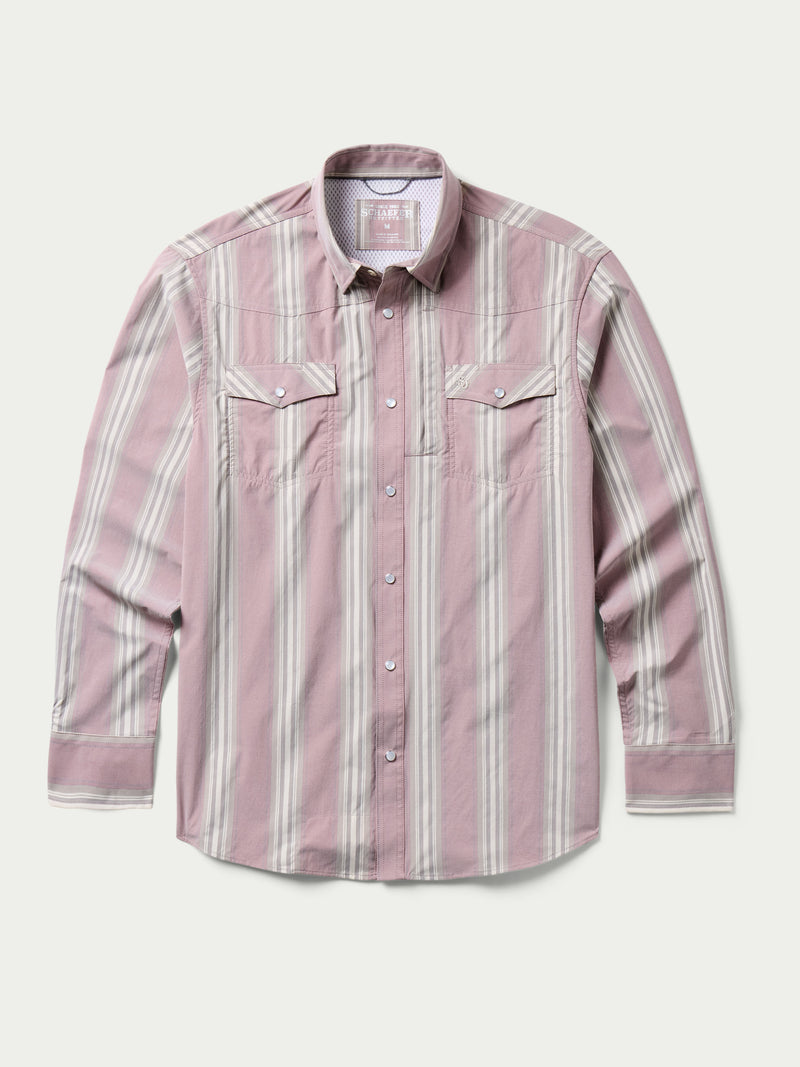 Men's pink striped button-up shirt with long sleeves and button front
