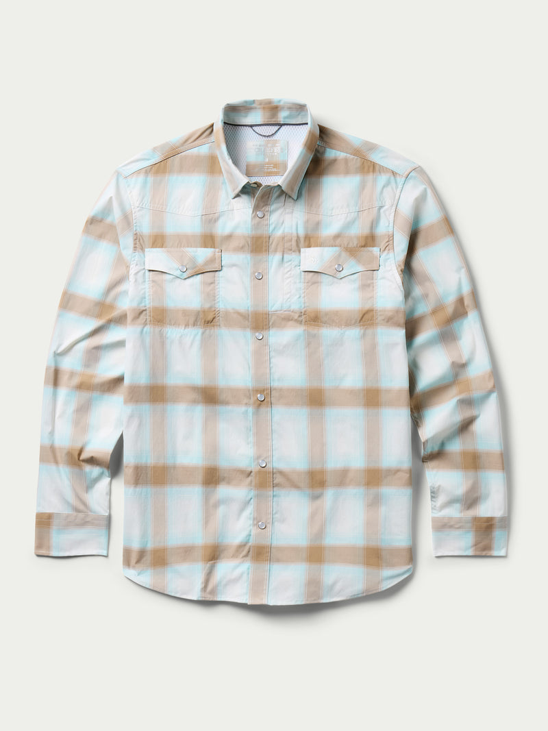 Western snap shirt in light blue and tan plaid, front view with snaps and pockets