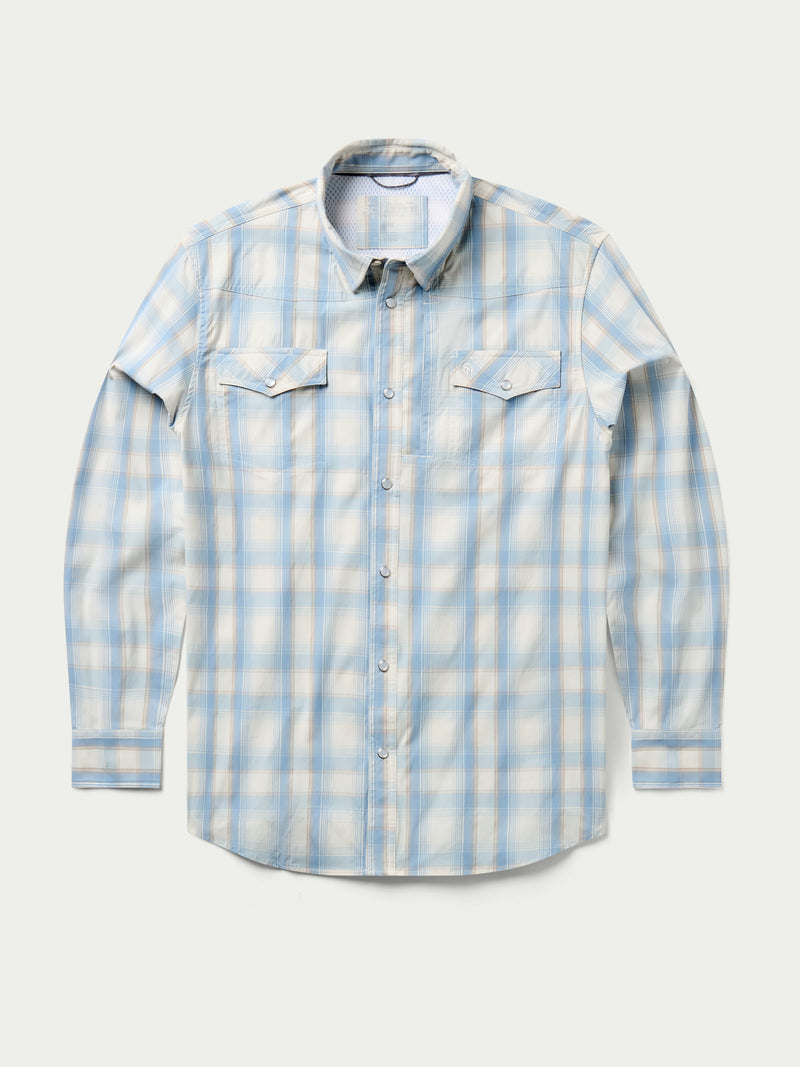 RangeTek western snap shirt front view, light blue plaid with two snap chest pockets