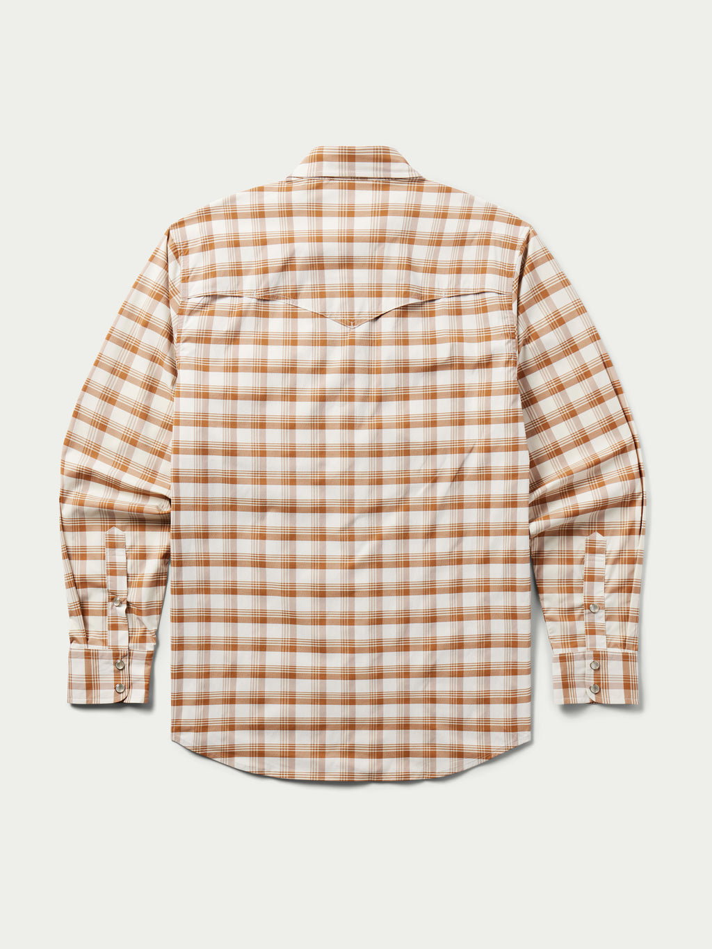 Men's western snap shirt in tan and white plaid, long sleeves, buttoned front.