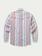 Men’s back view of striped western snap shirt in pink, blue, and white with yoke detail
