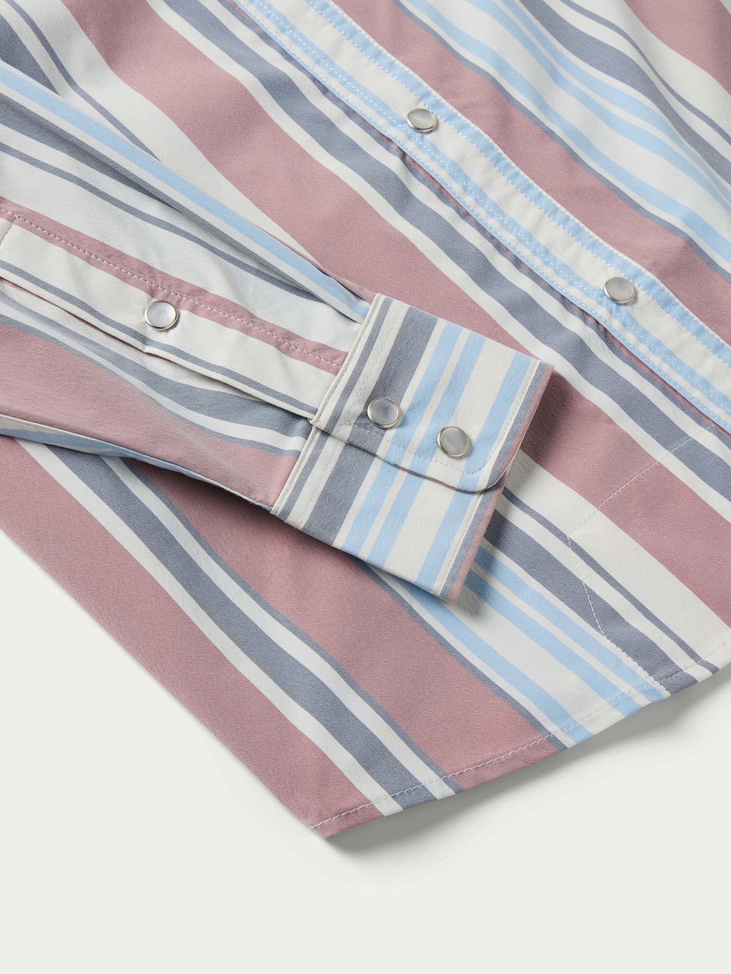 Striped western snap shirt with front pockets and snap buttons, pink and blue