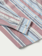 Striped western snap shirt with front pockets and snap buttons, pink and blue