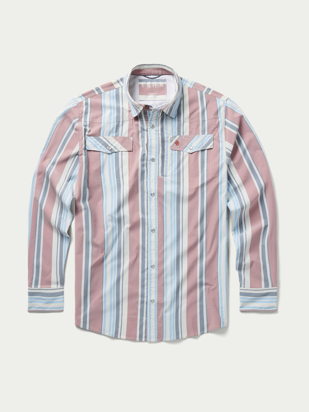 Men’s snap-front western shirt with pink, blue, and white vertical stripe pattern, two chest pockets