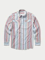 Men’s snap-front western shirt with pink, blue, and white vertical stripe pattern, two chest pockets