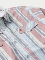 Striped western snap shirt with front snap placket and pocket detail, pink and blue