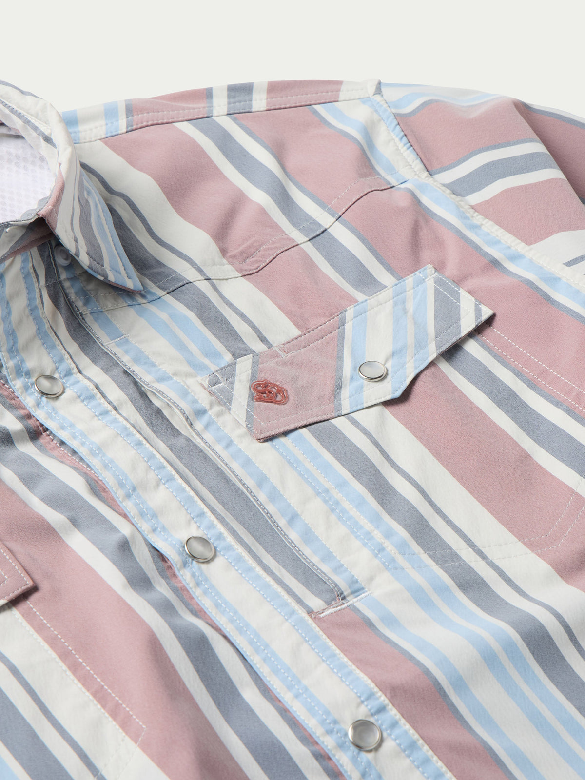 Striped western snap shirt with front snap placket and pocket detail, pink and blue