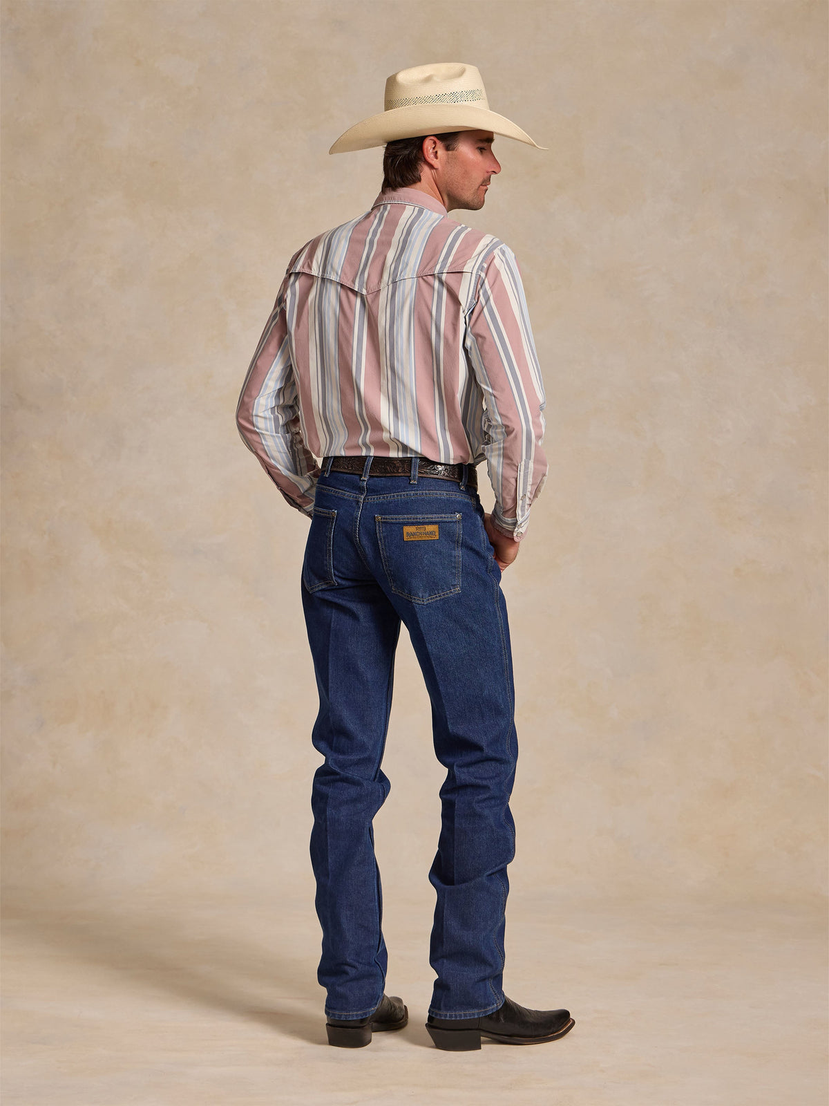 Men’s striped western snap shirt, long sleeves, back yoke and yoke seams, pink and blue stripes