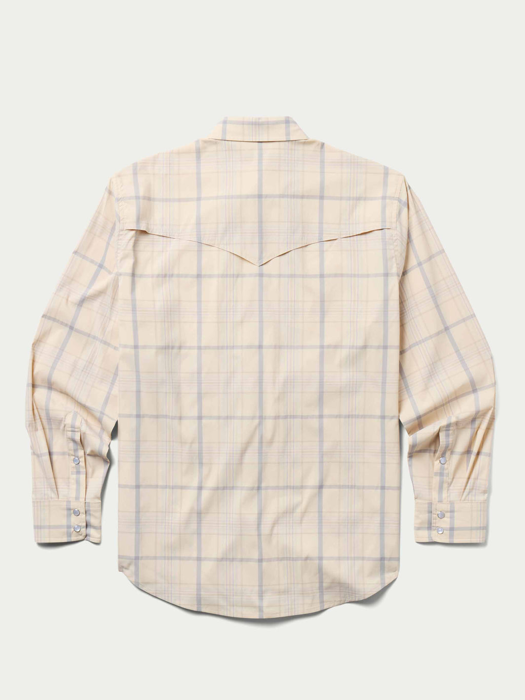 Western guide snap shirt, back view, cream with light blue plaid, snap yoke details.