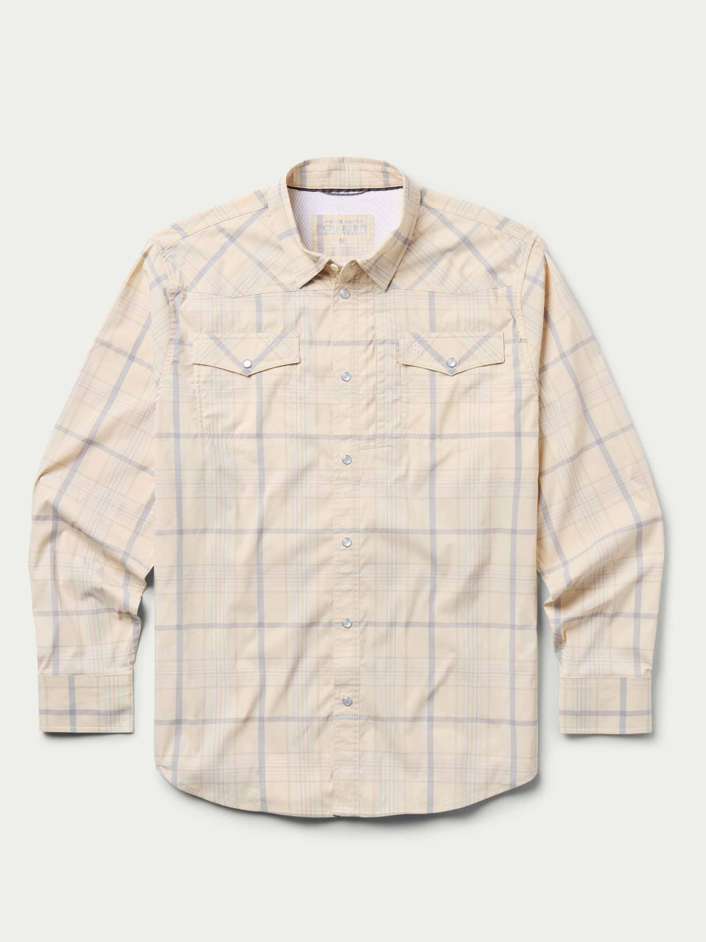 Western guide snap shirt, front view, cream with light blue plaid, snap chest pockets.